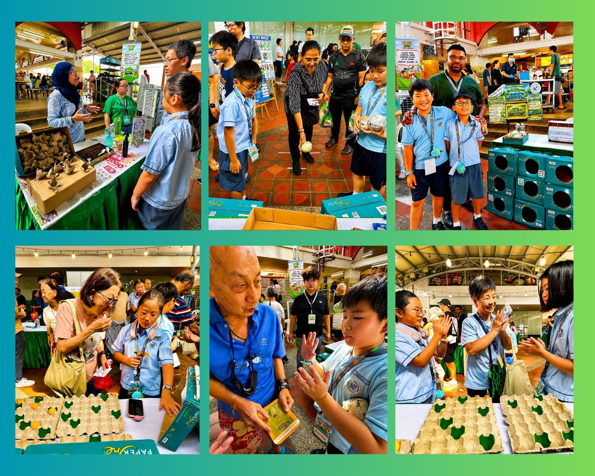 Collage of photos showing Environmental Ambassadors conducting community outreach at the AHTC Go Green Carnival, engaging residents and showing them egg-carton seed planting and sustainability displays. 